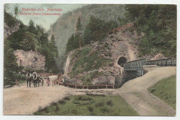 1907_Post_cars_of_street_and_Mariazellerbahn_at_Gillus_in_Frankenfels,_Austria.jpg